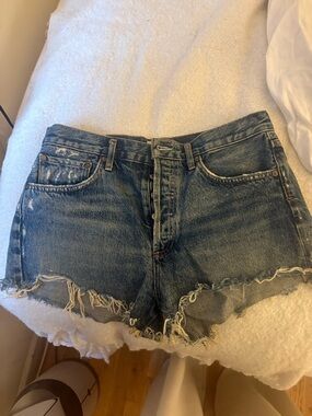 Agolde Frayed Hem High-Rise Denim Shorts - Blue